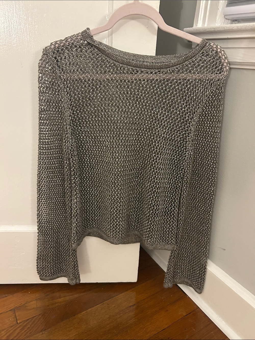 Anthropologie Silver Open-Knit Crewneck Sweater
